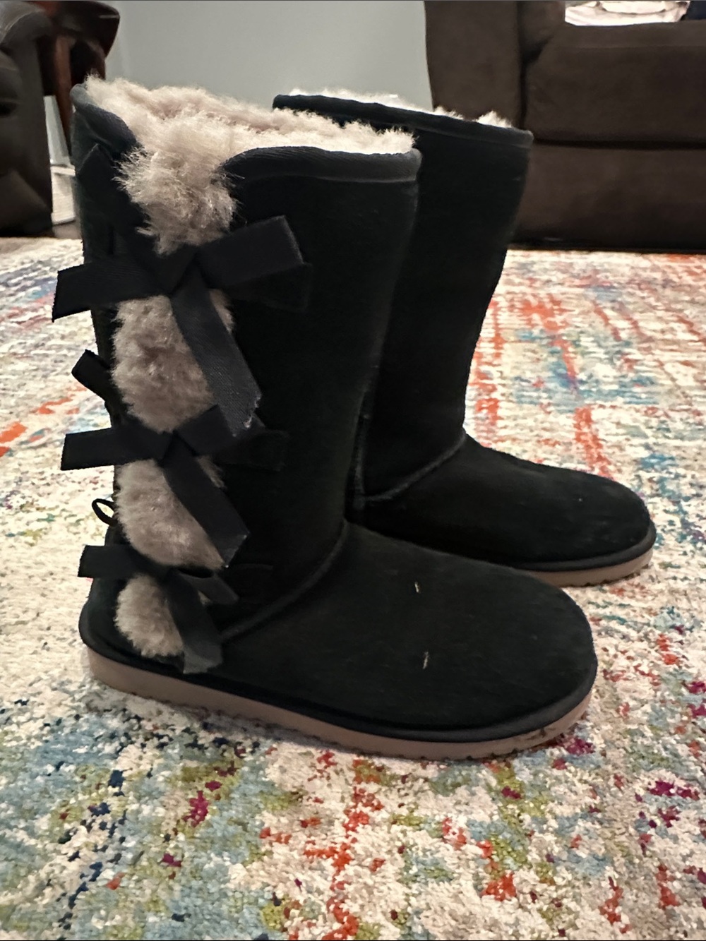 Koolaburra Black Suede Winter Boots with Cream Faux Fur and Back Ribbon Detail